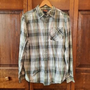 Merrell 100% cotton green brown plaid print button up shirt